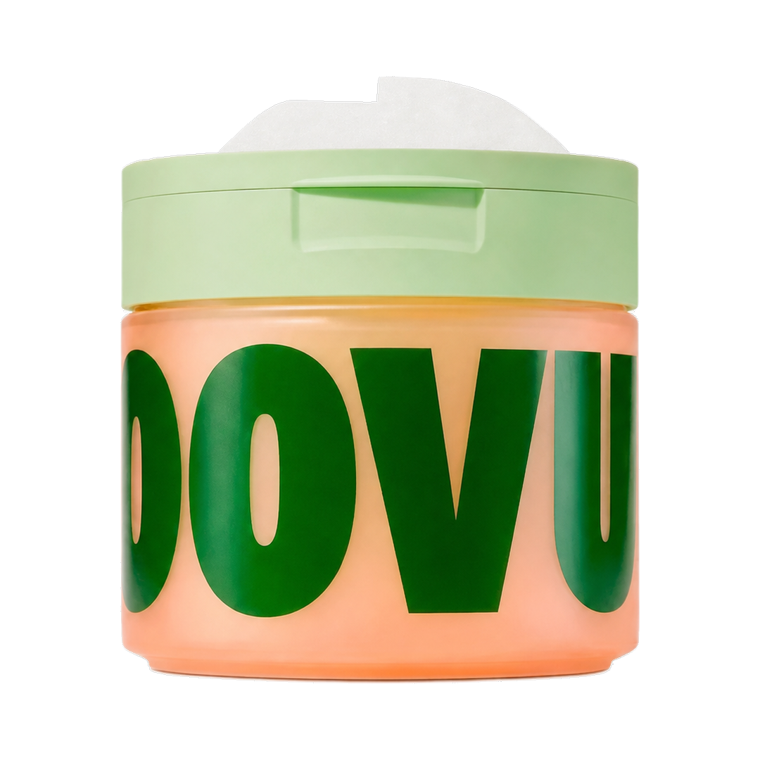 OOVU toner pads jar with peach body and sage-green lid
